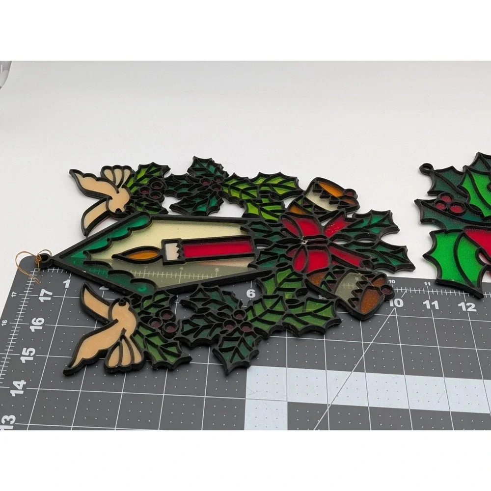 Plastic‎ Christmas Stained Window Hanging 11 Inch Candle Doves Bells Holly